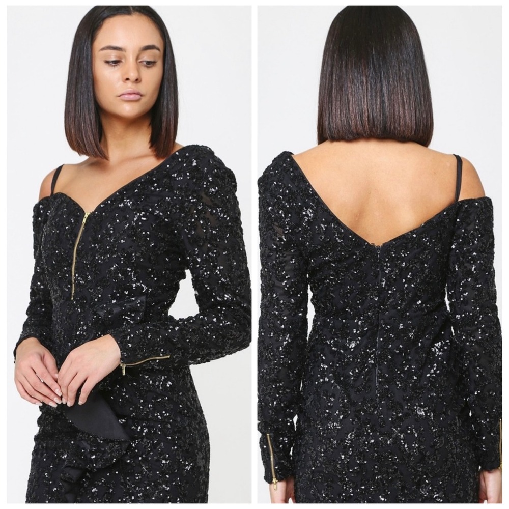 Self-Portrait Glam Sequin Off Shoulder Ruffle Mini Dress Black Size 0